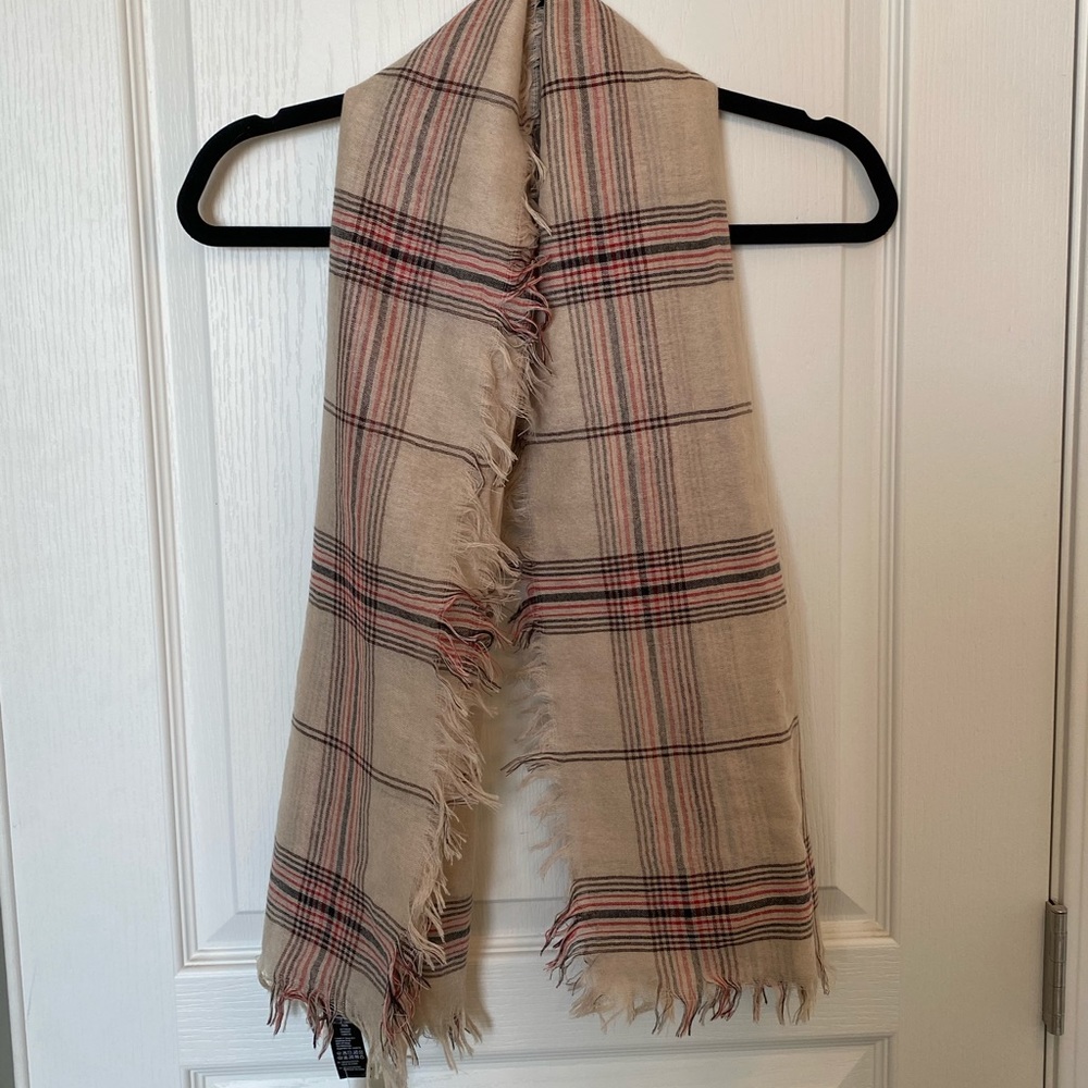 Forever 21 scarf, NWT. Beige with black and red strips and fringe detail.